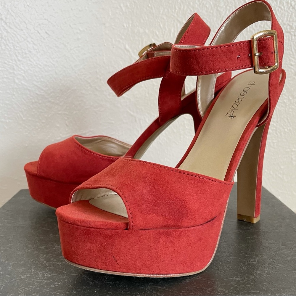Burnt orangey red platform peep toe heels
